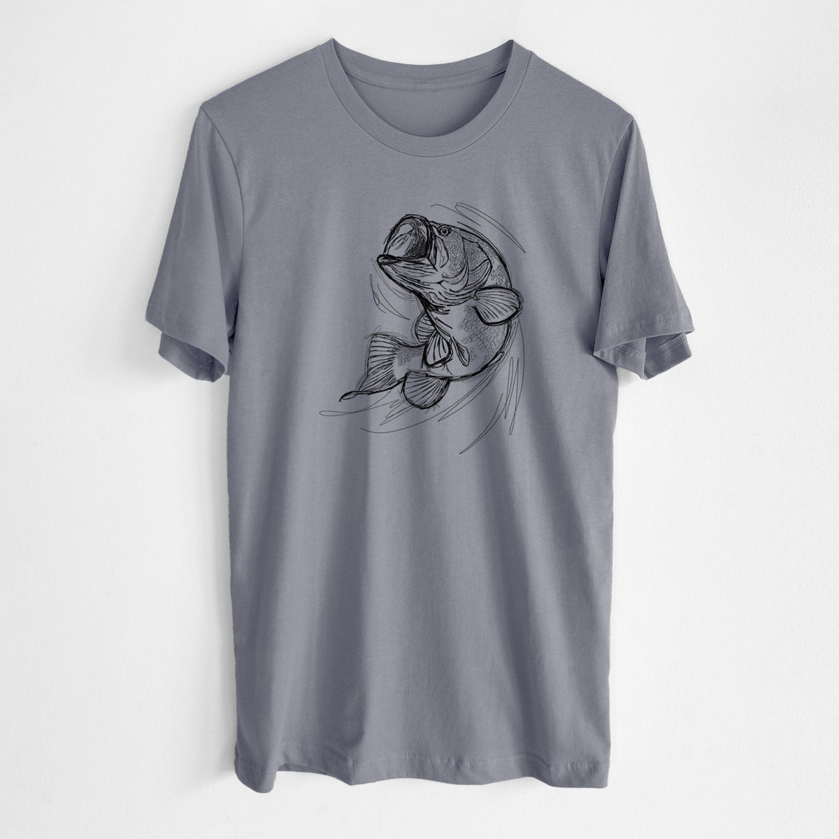 Storm grey lightweight cotton t-shirt laid flat, printed with a detailed black ink illustration of a largemouth bass leaping with its mouth open.