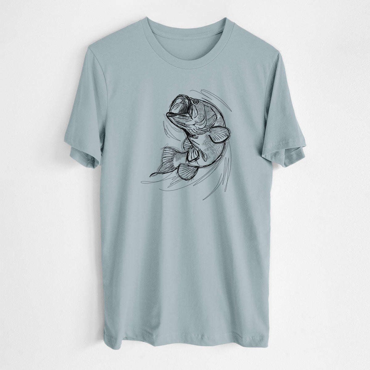 Vintage denim lightweight cotton t-shirt laid flat, printed with a detailed black ink illustration of a largemouth bass leaping with its mouth open.