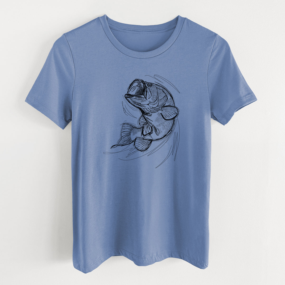Blue bell women's relaxed fit cotton t-shirt laid flat, printed with a detailed black ink illustration of a largemouth bass leaping with its mouth open.