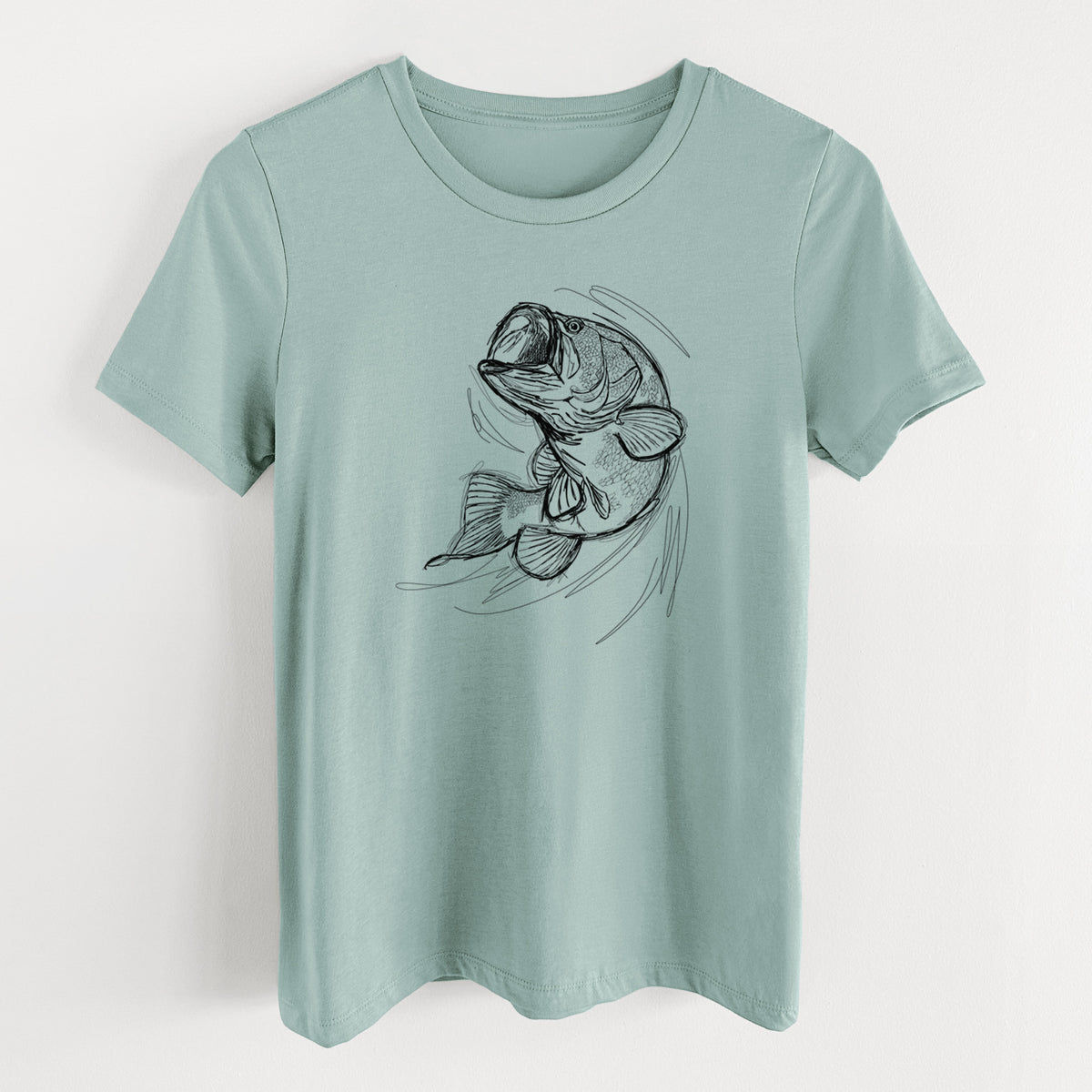Dusty blue women's relaxed fit cotton t-shirt laid flat, printed with a detailed black ink illustration of a largemouth bass leaping with its mouth open.