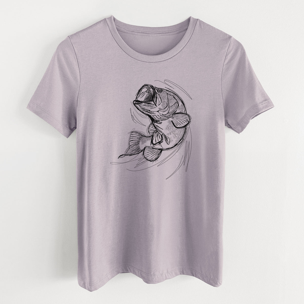 Light violet women's relaxed fit cotton t-shirt laid flat, printed with a detailed black ink illustration of a largemouth bass leaping with its mouth open.