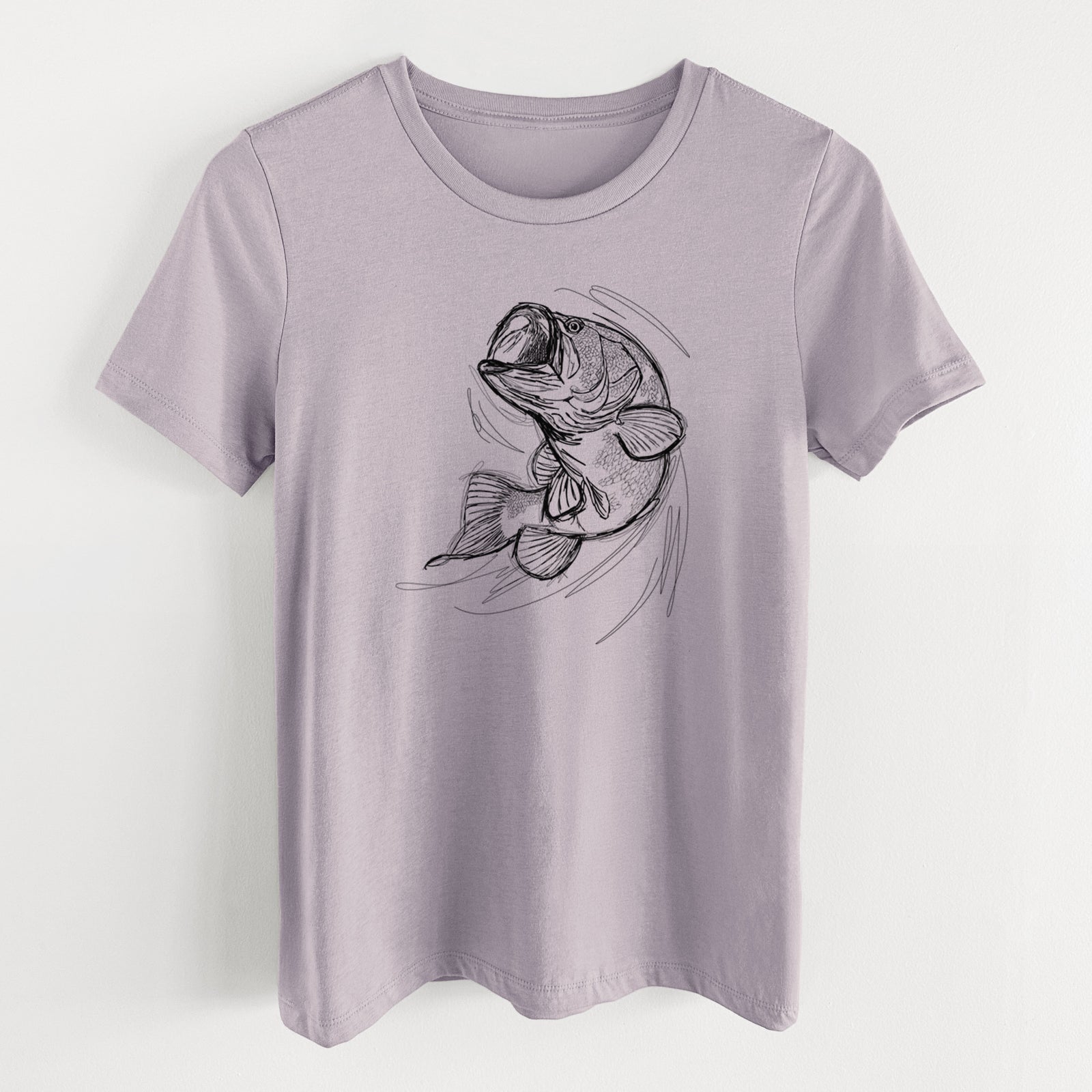 Light violet women's relaxed fit cotton t-shirt laid flat, printed with a detailed black ink illustration of a largemouth bass leaping with its mouth open.
