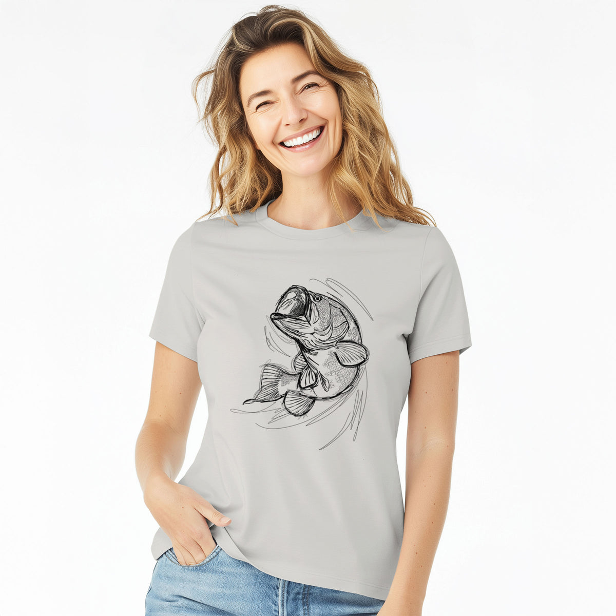 Woman wearing a lunar grey women's relaxed fit cotton t-shirt printed with a detailed black ink illustration of a largemouth bass leaping with its mouth open.