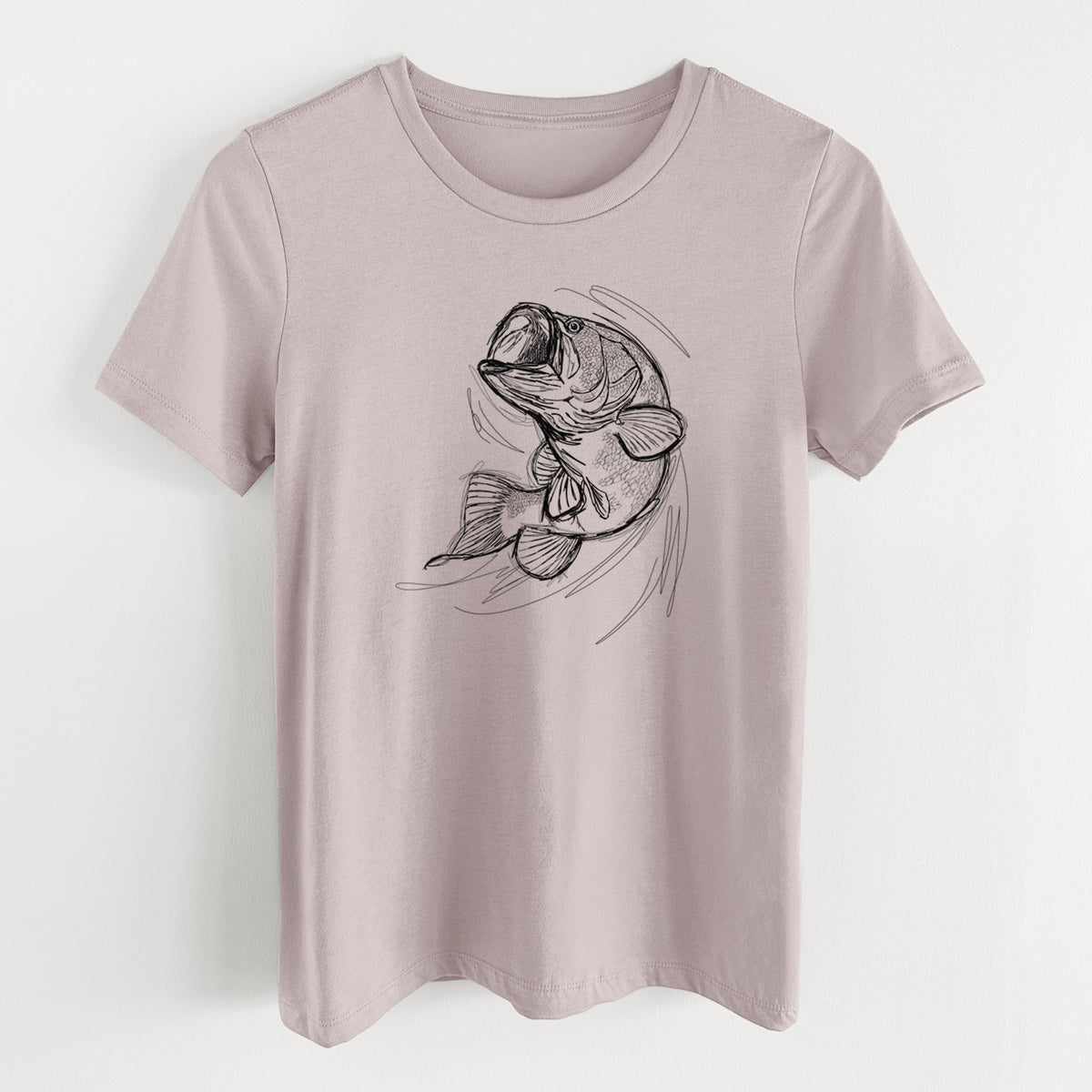Pink gravel women's relaxed fit cotton t-shirt laid flat, printed with a detailed black ink illustration of a largemouth bass leaping with its mouth open.