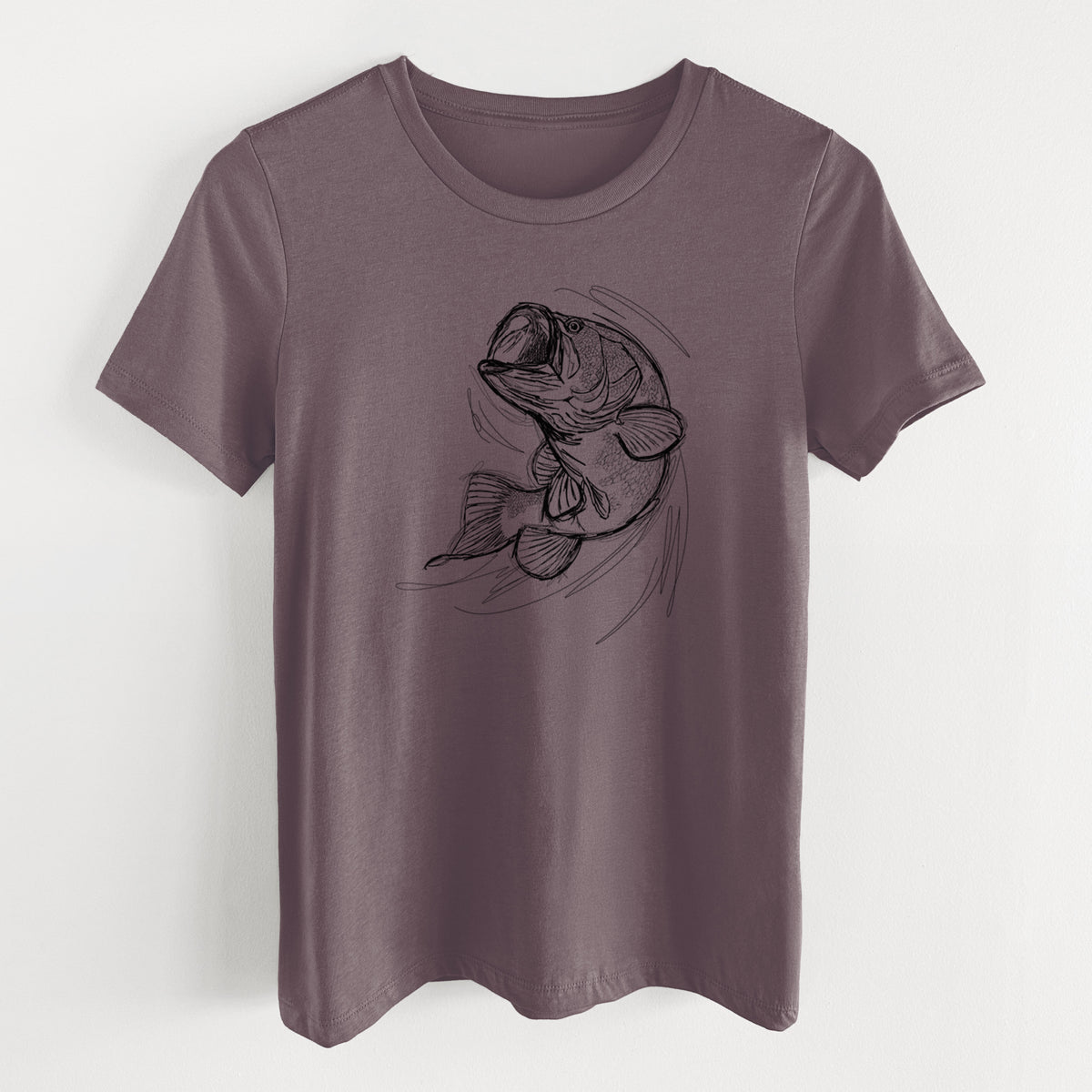 Purple storm women's relaxed fit cotton t-shirt laid flat, printed with a detailed black ink illustration of a largemouth bass leaping with its mouth open.