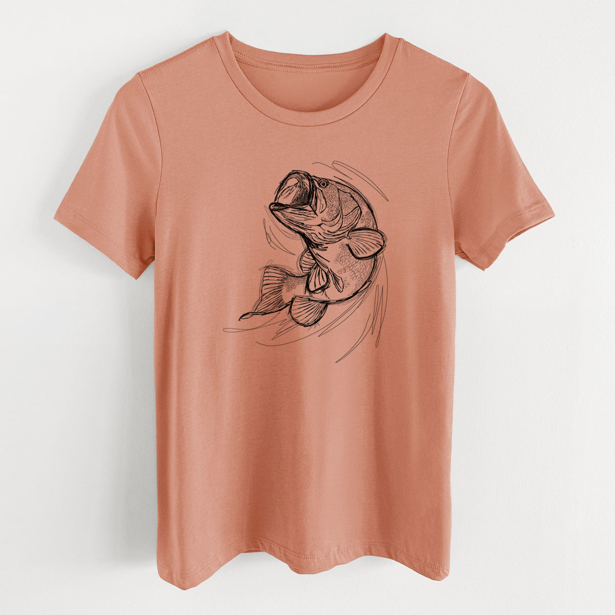 Terracotta orange women's relaxed fit cotton t-shirt laid flat, printed with a detailed black ink illustration of a largemouth bass leaping with its mouth open.