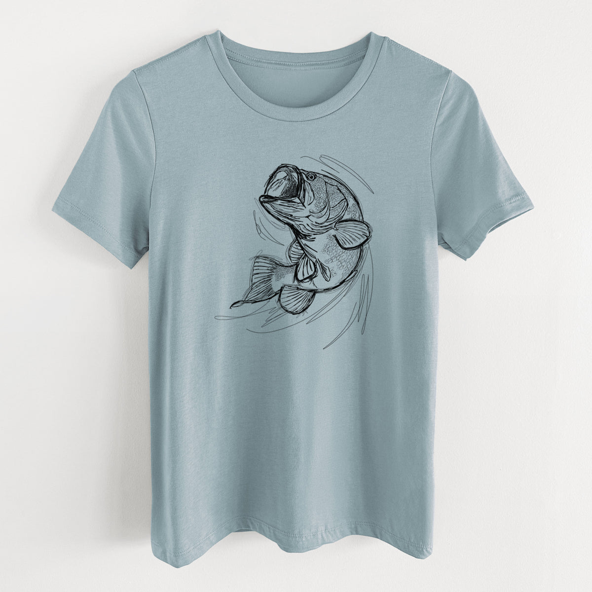 Vintage denim women's relaxed fit cotton t-shirt laid flat, printed with a detailed black ink illustration of a largemouth bass leaping with its mouth open.