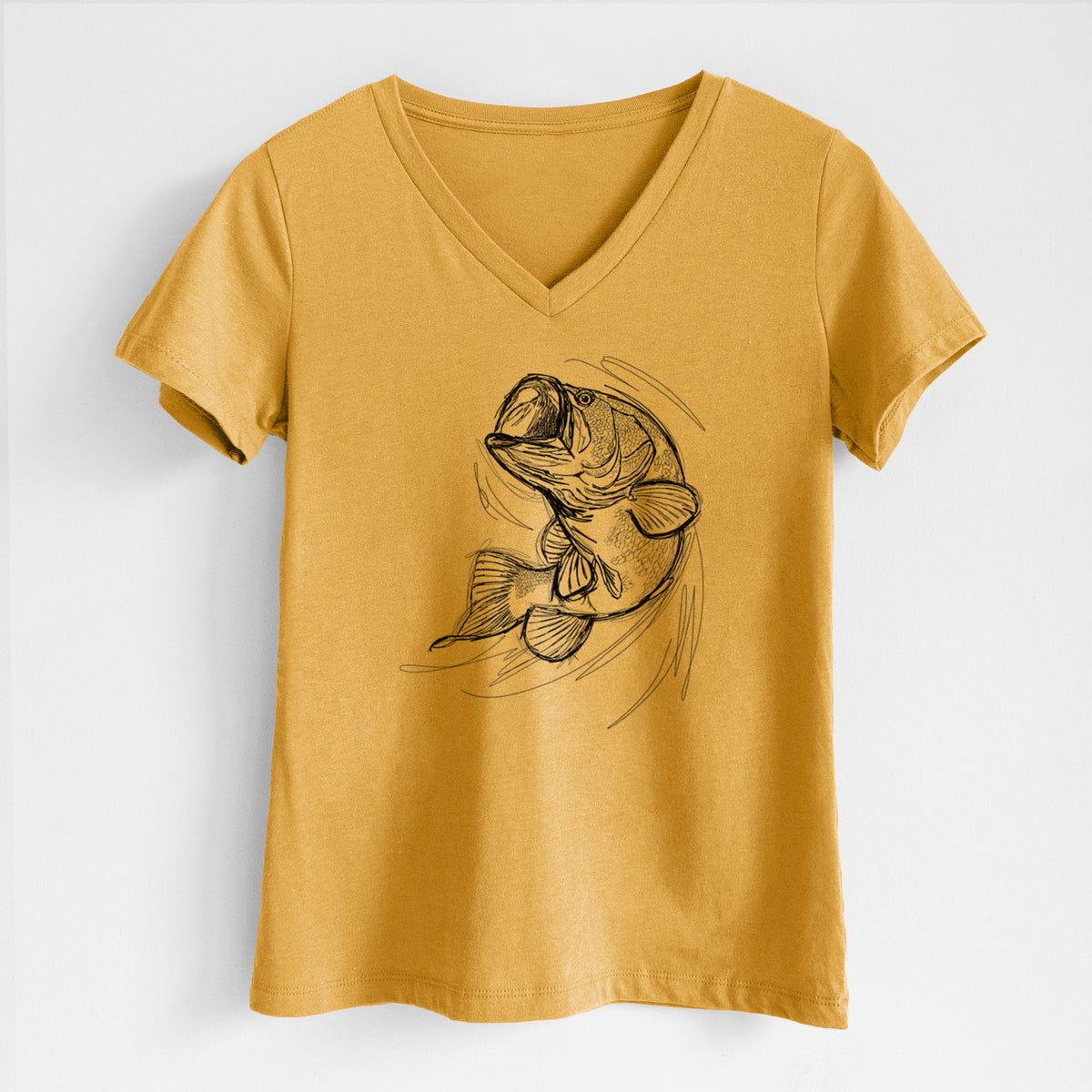 Honeycomb yellow women's relaxed fit cotton V-neck t-shirt laid flat, printed with a detailed black ink illustration of a largemouth bass leaping with its mouth open.