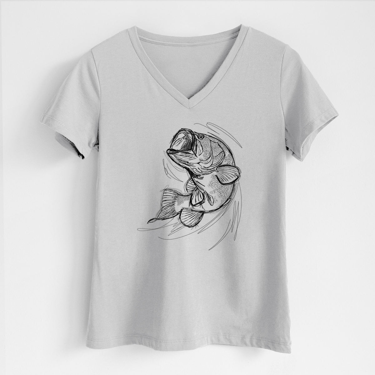 Lunar grey women's relaxed fit cotton V-neck t-shirt laid flat, printed with a detailed black ink illustration of a largemouth bass leaping with its mouth open.