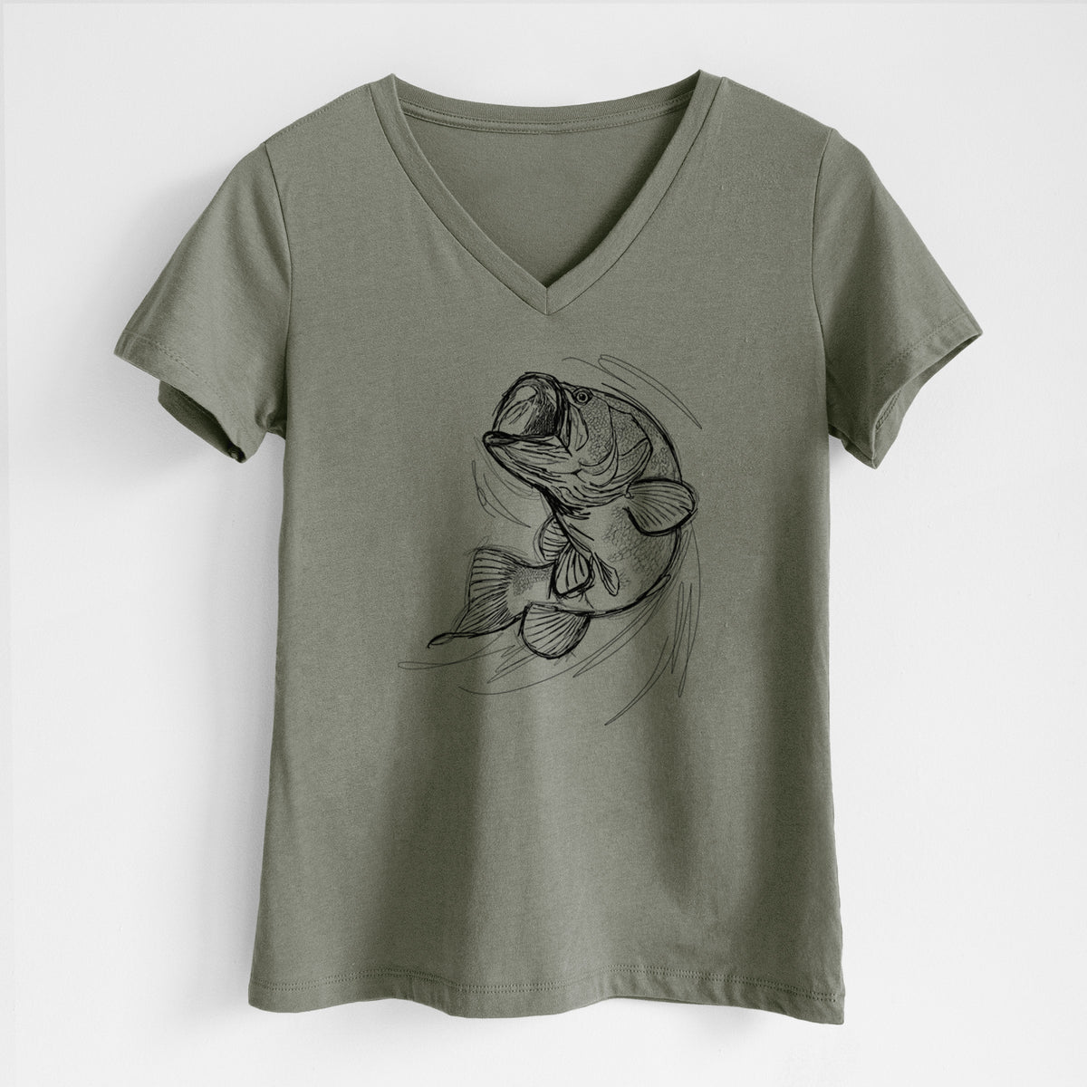 Military green women's relaxed fit cotton V-neck t-shirt laid flat, printed with a detailed black ink illustration of a largemouth bass leaping with its mouth open.