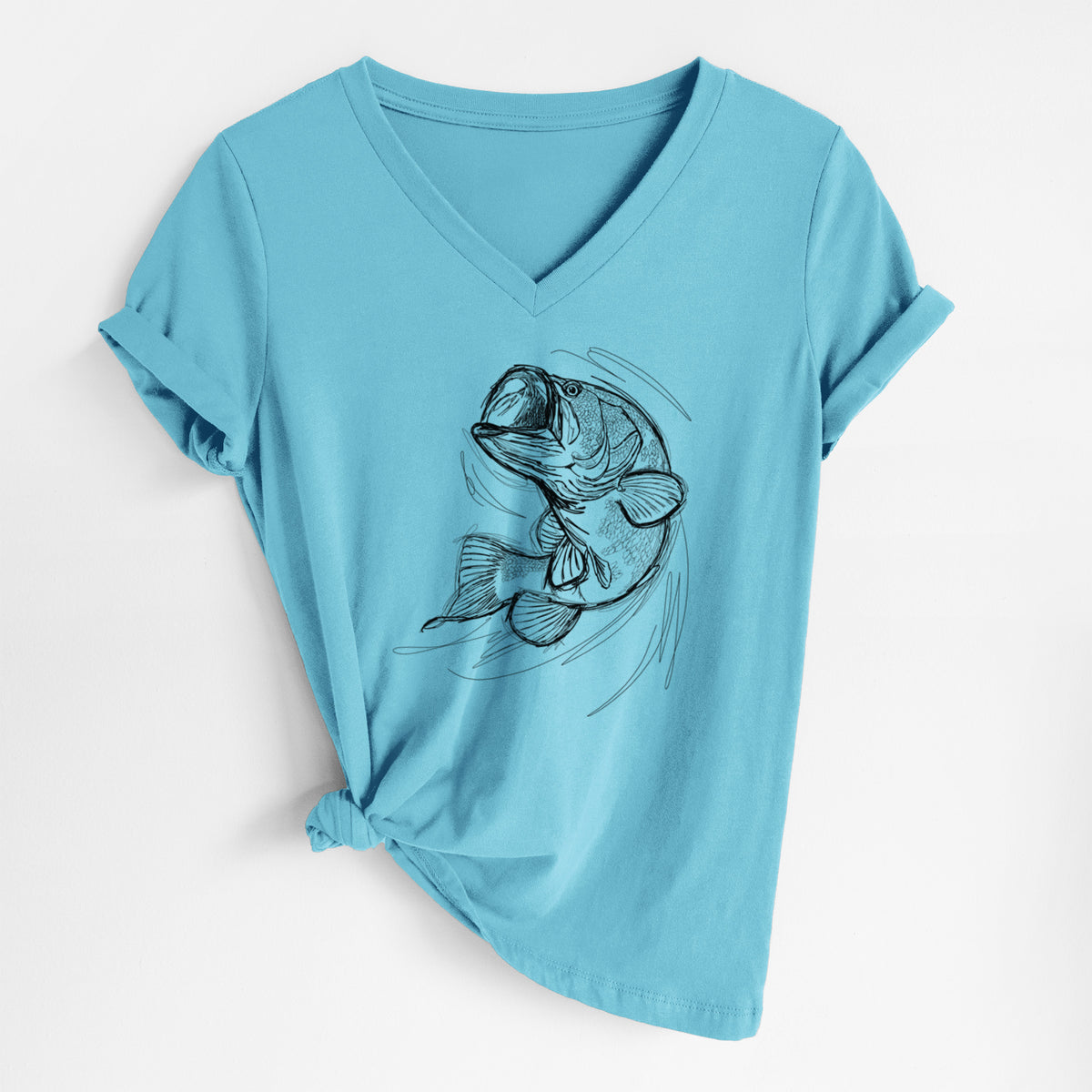 Turquoise women's relaxed fit cotton V-neck t-shirt laid flat, printed with a detailed black ink illustration of a largemouth bass leaping with its mouth open.