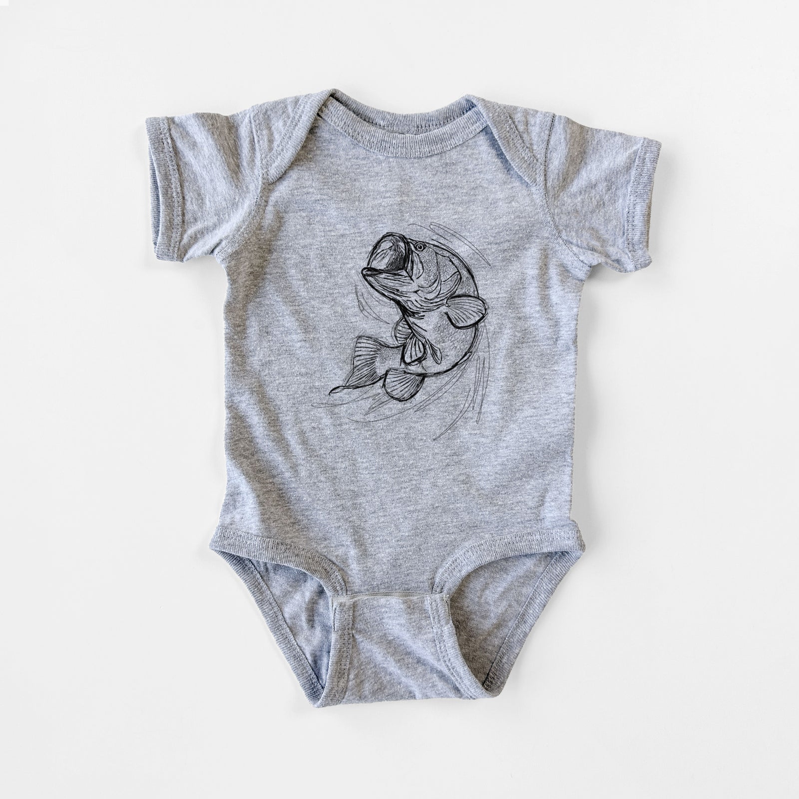 Grey baby bodysuit laid flat, printed with a detailed black ink illustration of a largemouth bass leaping with its mouth open.