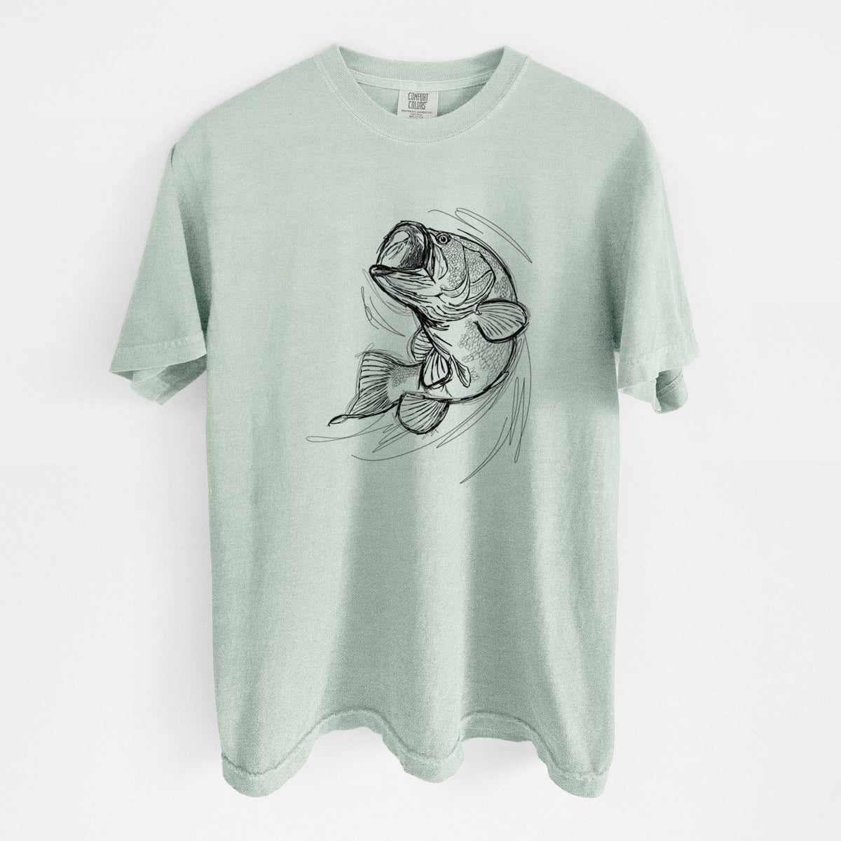 Bay green Comfort Colors t-shirt laid flat, printed with a detailed black ink illustration of a largemouth bass leaping with its mouth open.