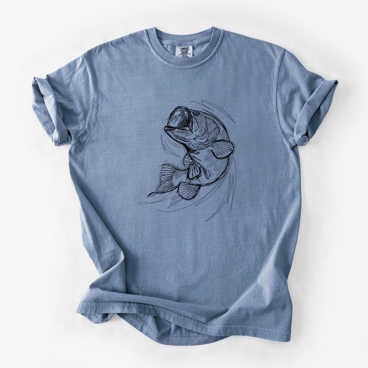 Blue jean Comfort Colors t-shirt laid flat, printed with a detailed black ink illustration of a largemouth bass leaping with its mouth open.