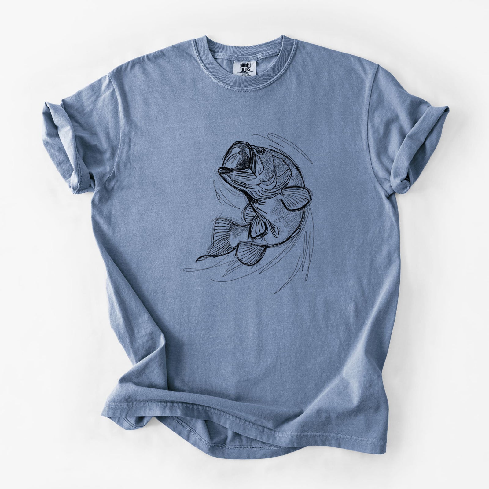 Blue jean Comfort Colors t-shirt laid flat, printed with a detailed black ink illustration of a largemouth bass leaping with its mouth open.