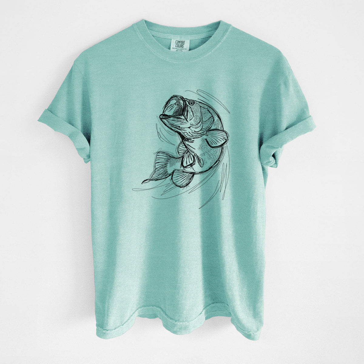 Chalky mint Comfort Colors t-shirt laid flat, printed with a detailed black ink illustration of a largemouth bass leaping with its mouth open.