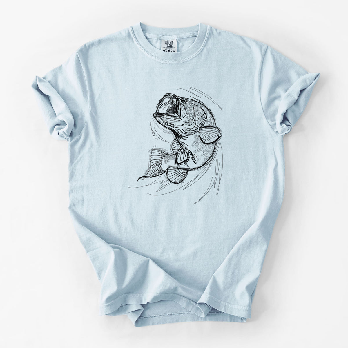 Chambray blue Comfort Colors t-shirt laid flat, printed with a detailed black ink illustration of a largemouth bass leaping with its mouth open.