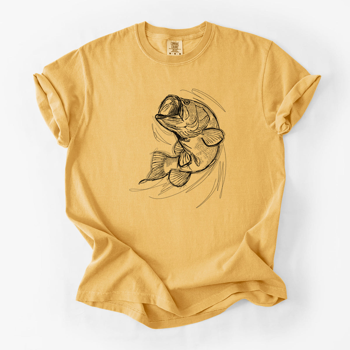 Golden wheat yellow Comfort Colors t-shirt laid flat, printed with a detailed black ink illustration of a largemouth bass leaping with its mouth open.