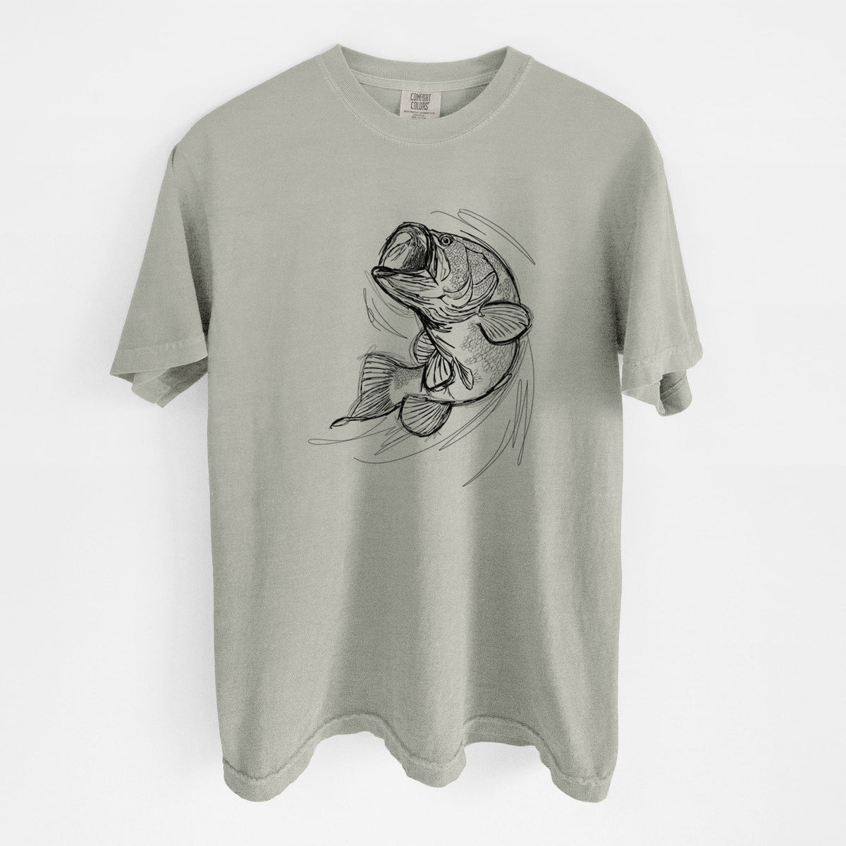 Sandstone beige Comfort Colors t-shirt laid flat, printed with a detailed black ink illustration of a largemouth bass leaping with its mouth open.