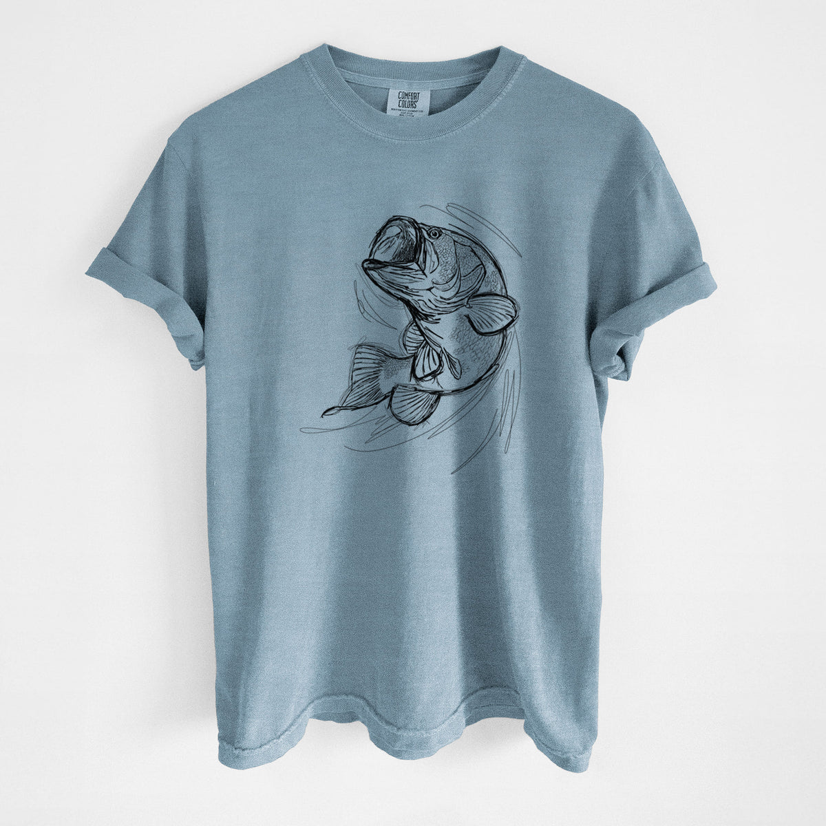 Steel blue Comfort Colors t-shirt laid flat, printed with a detailed black ink illustration of a largemouth bass leaping with its mouth open.