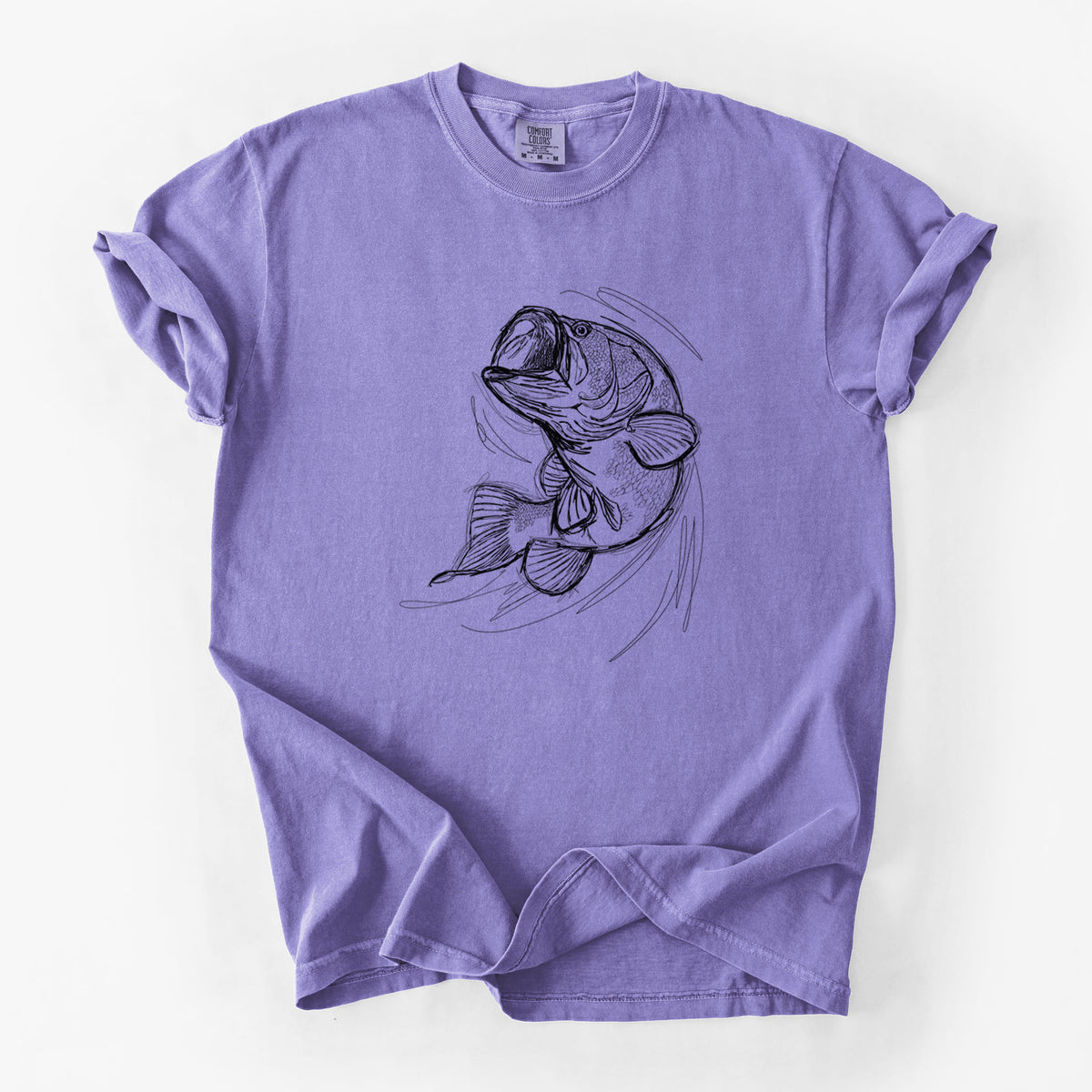 Violet purple Comfort Colors t-shirt laid flat, printed with a detailed black ink illustration of a largemouth bass leaping with its mouth open.