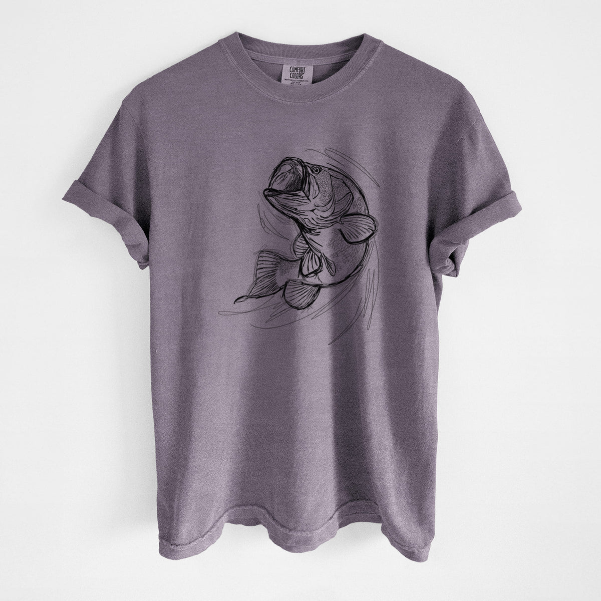 Wine red Comfort Colors t-shirt laid flat, printed with a detailed black ink illustration of a largemouth bass leaping with its mouth open.