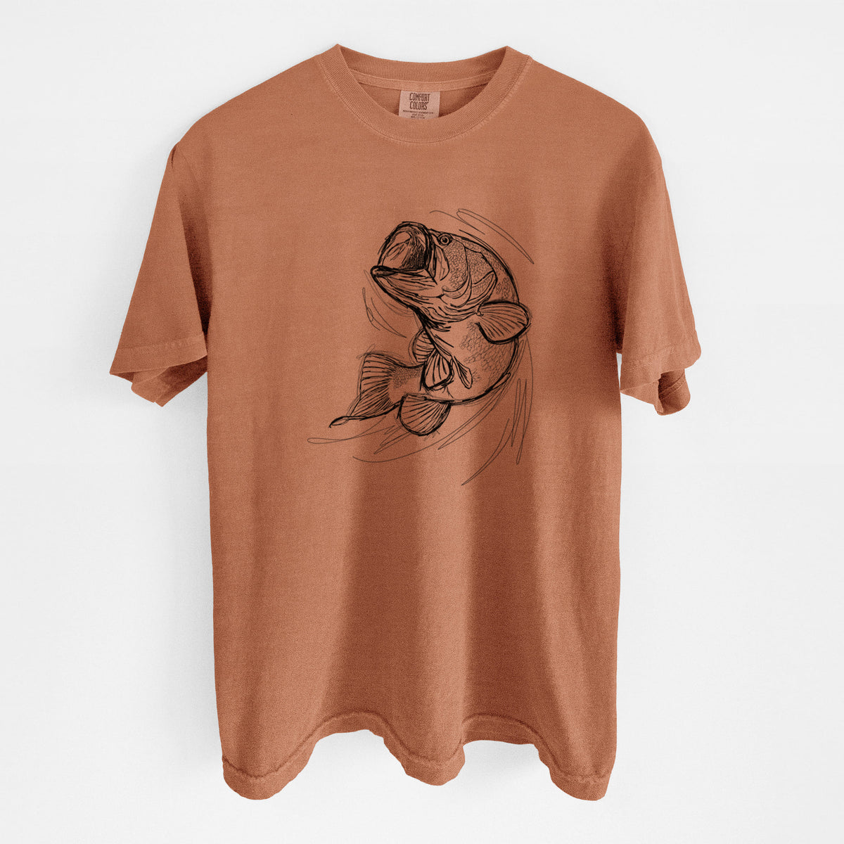 Yam burnt orange Comfort Colors t-shirt laid flat, printed with a detailed black ink illustration of a largemouth bass leaping with its mouth open.