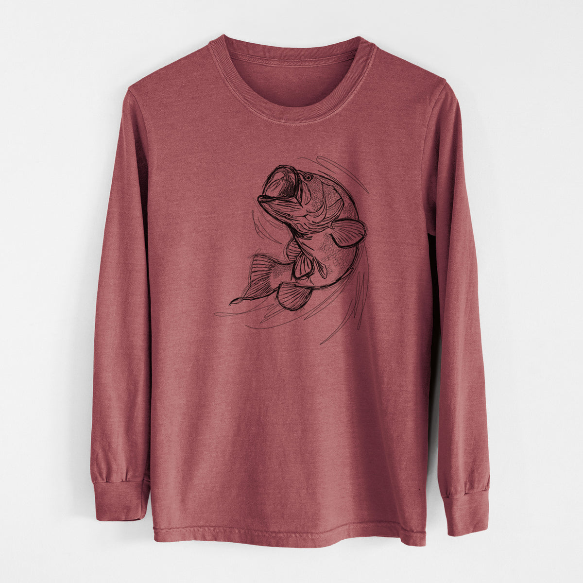 Brick red Comfort Colors long sleeve shirt laid flat, printed with a detailed black ink illustration of a largemouth bass leaping with its mouth open.