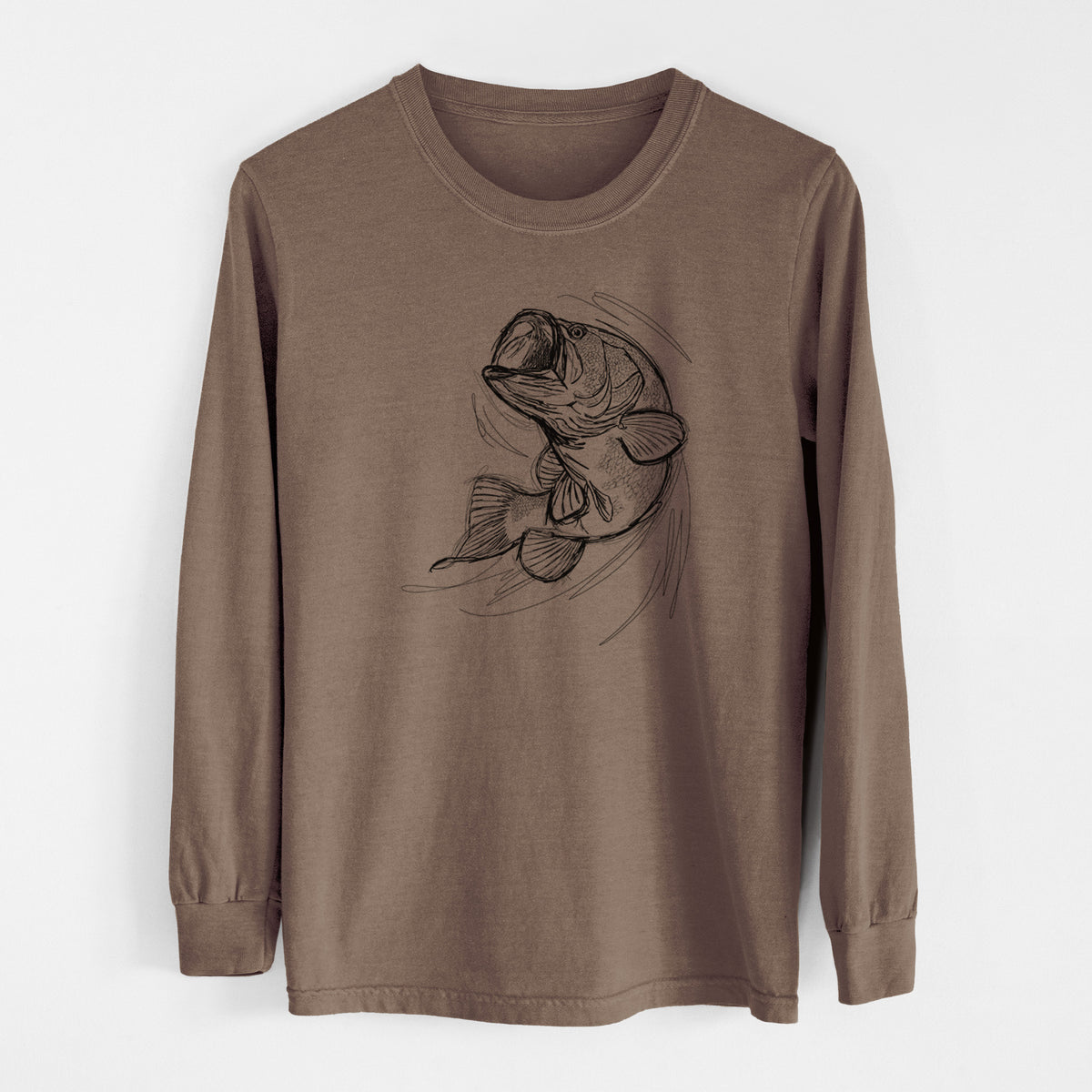 Espresso brown Comfort Colors long sleeve shirt laid flat, printed with a detailed black ink illustration of a largemouth bass leaping with its mouth open.