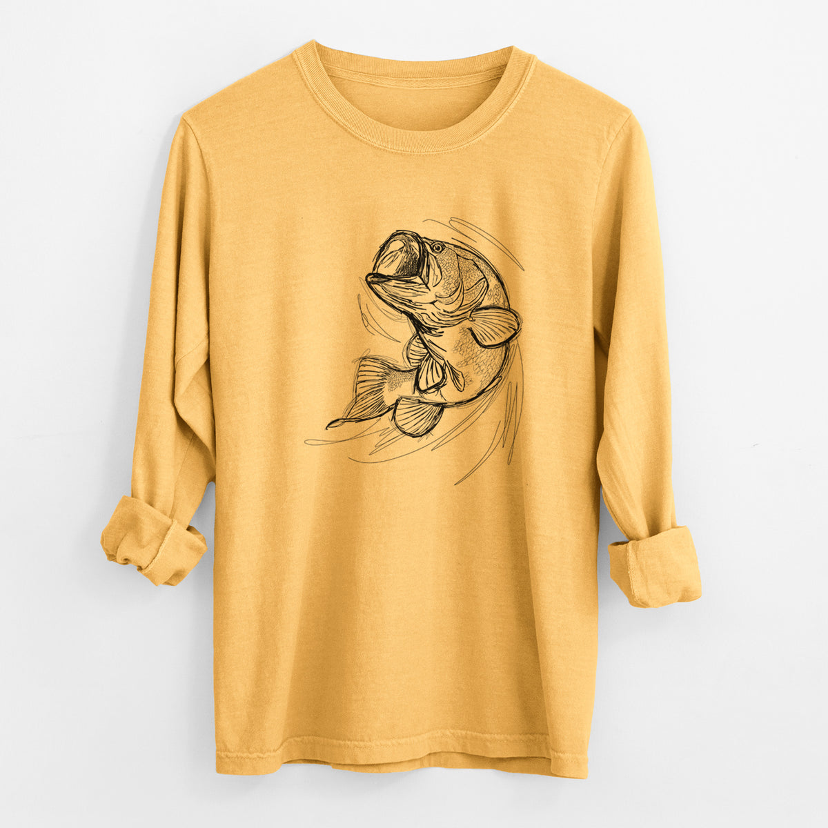 Golden wheat yellow Comfort Colors long sleeve shirt laid flat with the cuffs rolled, printed with a detailed black ink illustration of a largemouth bass leaping with its mouth open.