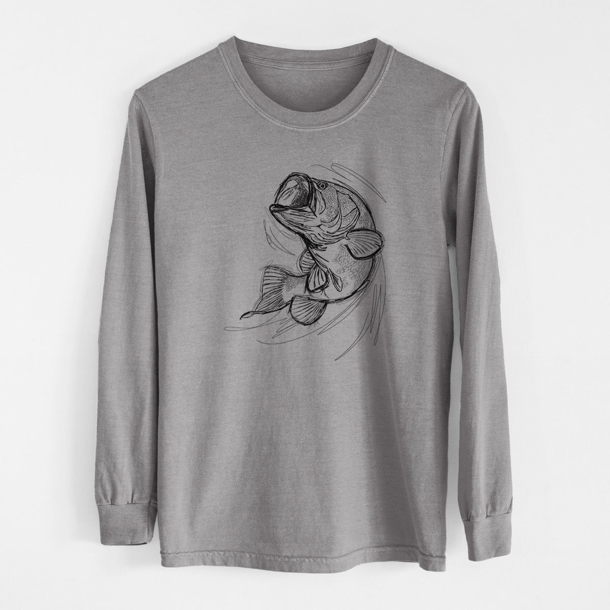 Grey Comfort Colors long sleeve shirt laid flat, printed with a detailed black ink illustration of a largemouth bass leaping with its mouth open.