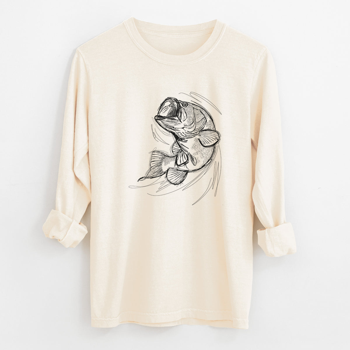 Ivory Comfort Colors long sleeve shirt laid flat with the cuffs rolled, printed with a detailed black ink illustration of a largemouth bass leaping with its mouth open.