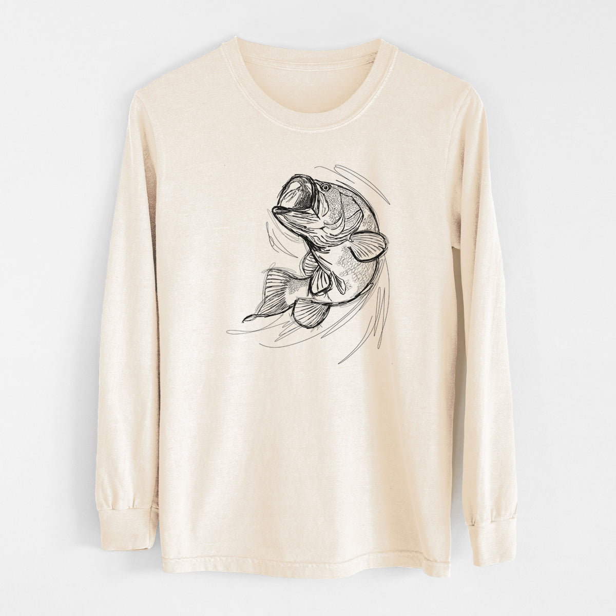 Ivory Comfort Colors long sleeve shirt laid flat, printed with a detailed black ink illustration of a largemouth bass leaping with its mouth open.