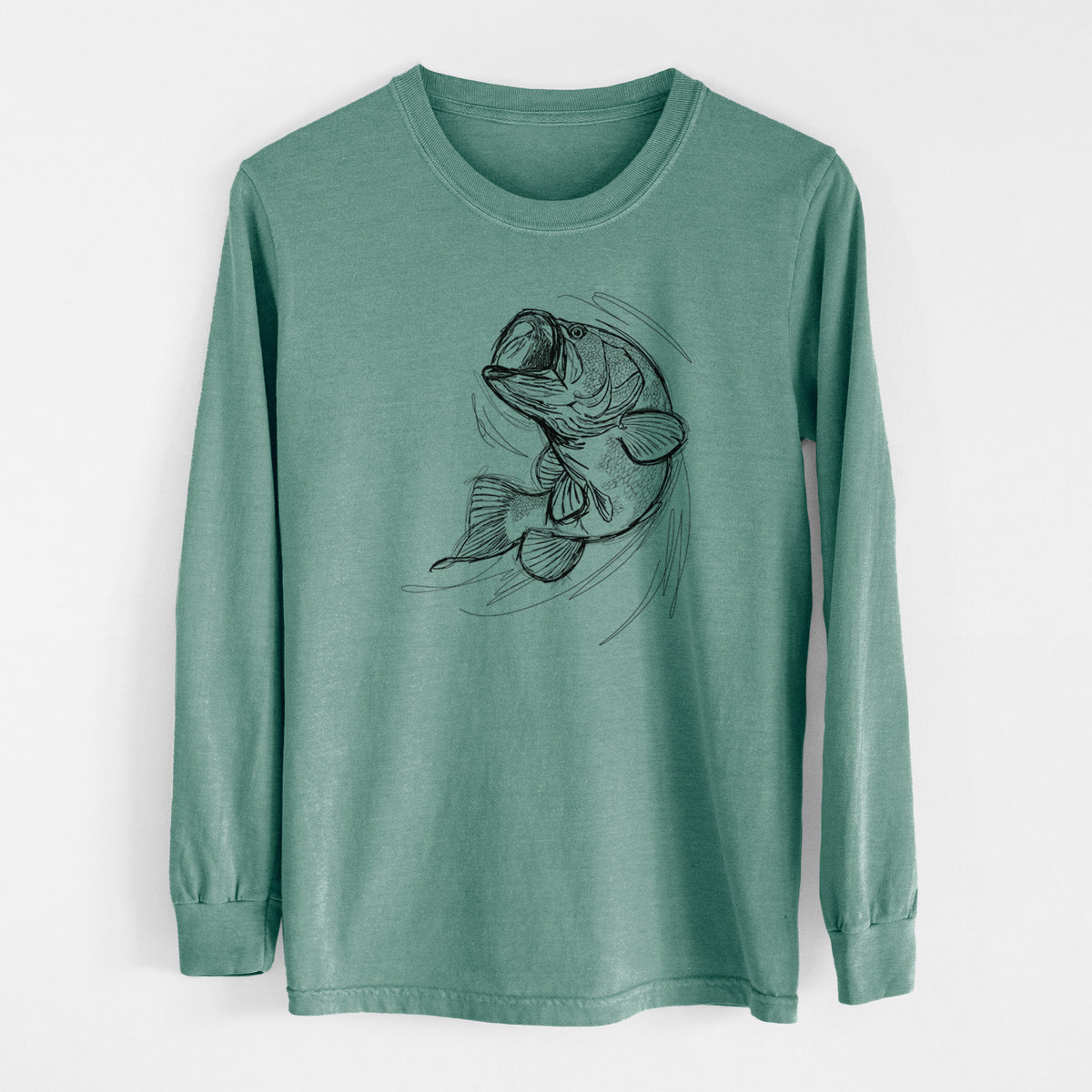 Pine green Comfort Colors long sleeve shirt laid flat, printed with a detailed black ink illustration of a largemouth bass leaping with its mouth open.