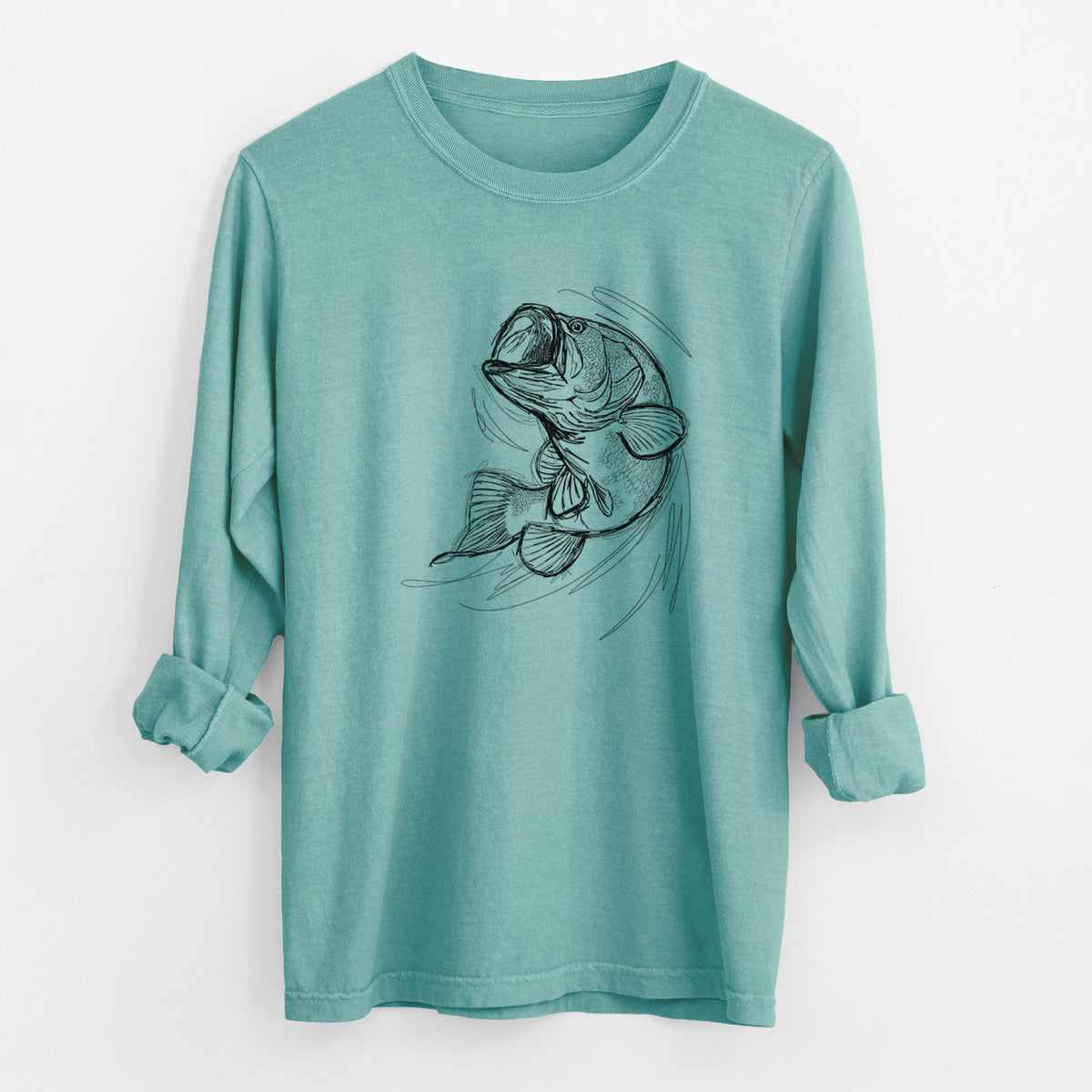 Reef green Comfort Colors long sleeve shirt laid flat with the cuffs rolled, printed with a detailed black ink illustration of a largemouth bass leaping with its mouth open.