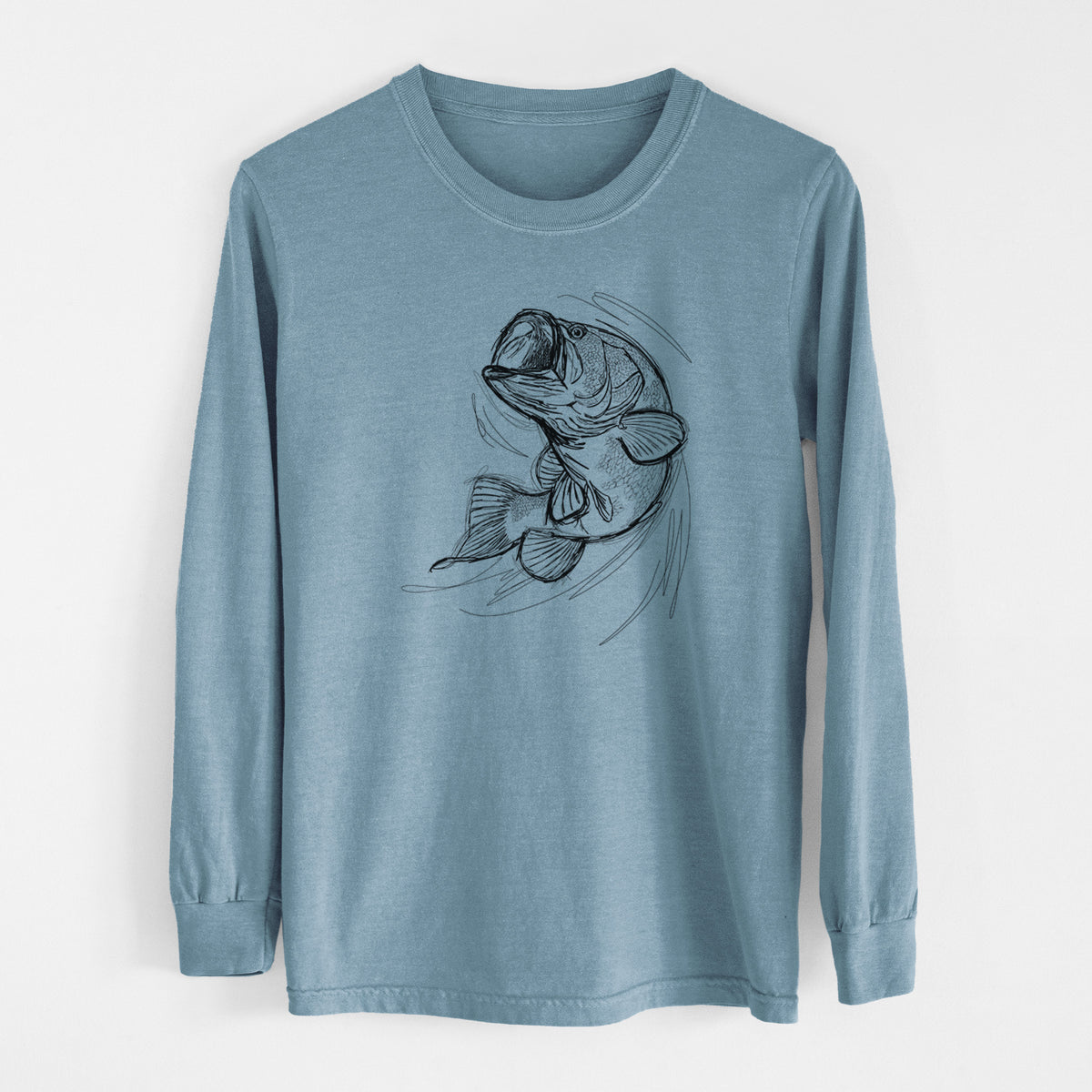 Steel blue Comfort Colors long sleeve shirt laid flat, printed with a detailed black ink illustration of a largemouth bass leaping with its mouth open.