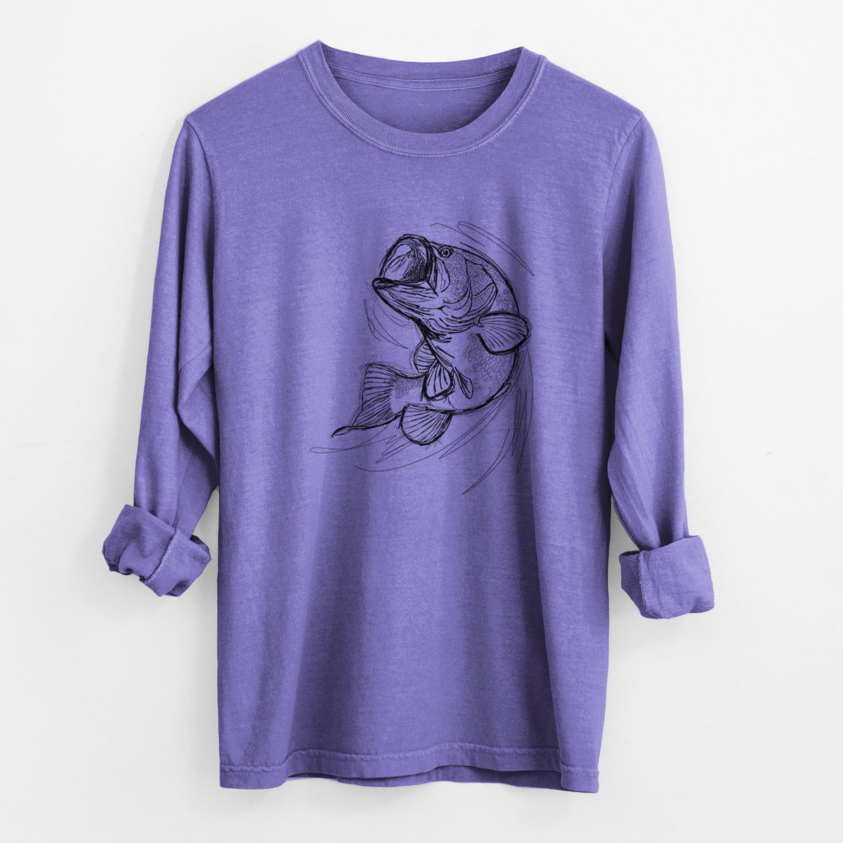 Violet purple Comfort Colors long sleeve shirt laid flat with the cuffs rolled, printed with a detailed black ink illustration of a largemouth bass leaping with its mouth open.
