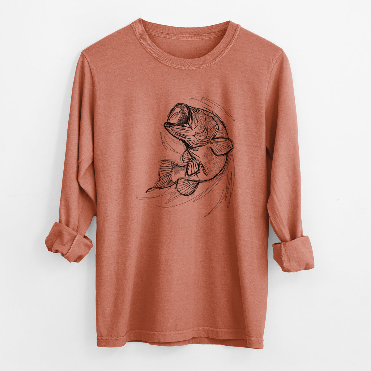 Yam burnt orange Comfort Colors long sleeve shirt laid flat with the cuffs rolled, printed with a detailed black ink illustration of a largemouth bass leaping with its mouth open.
