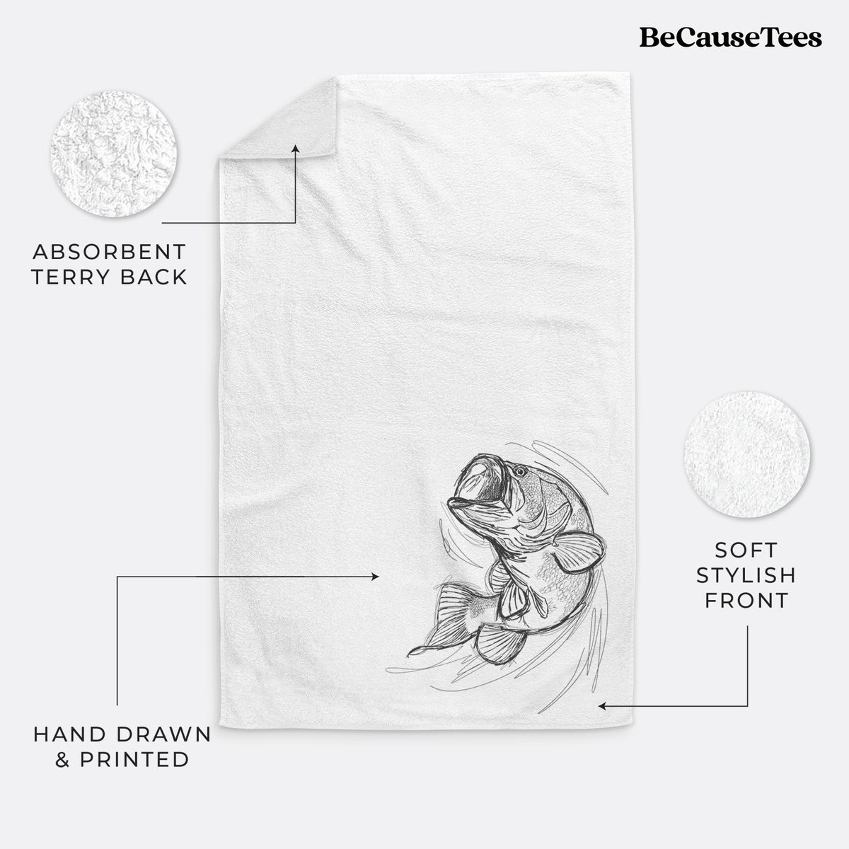White hand towel printed with a detailed black ink illustration of a largemouth bass leaping with its mouth open.