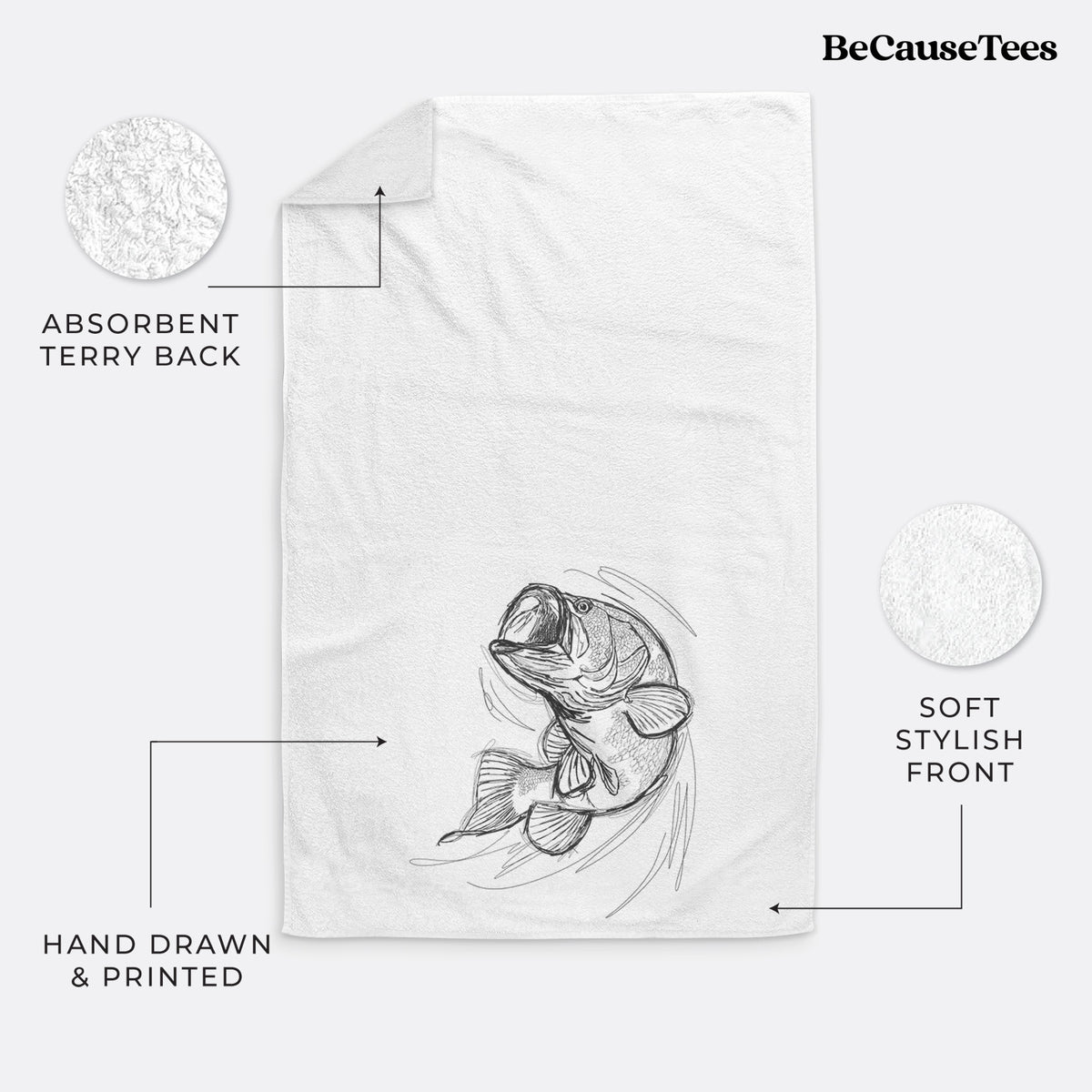 White hand towel printed with a detailed black ink illustration of a largemouth bass leaping with its mouth open.