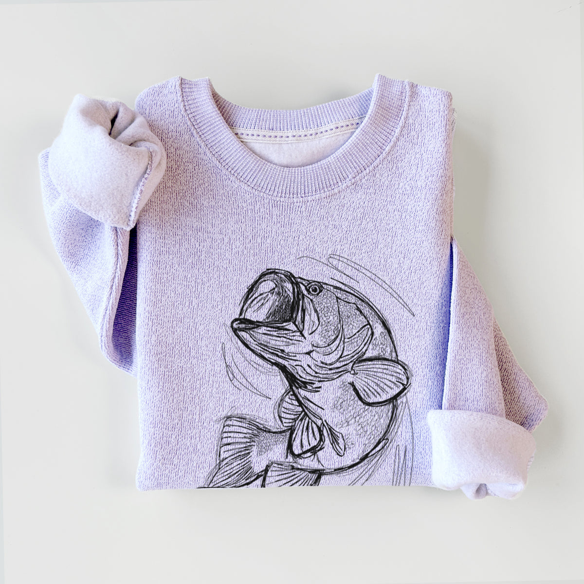 Ice purple knit sweatshirt printed with a detailed black ink illustration of a largemouth bass leaping with its mouth open, styled flat.