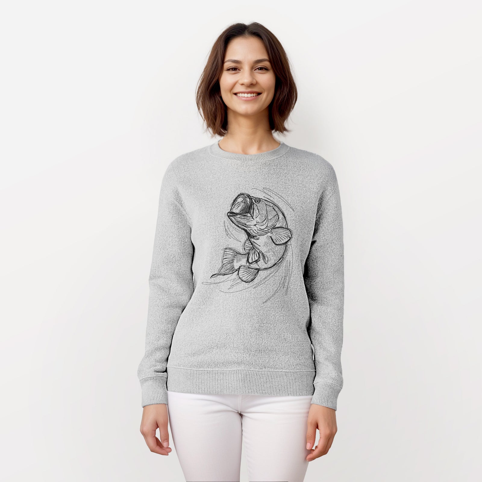 Salt and pepper knit sweatshirt laid flat, printed with a detailed black ink illustration of a largemouth bass leaping with its mouth open.