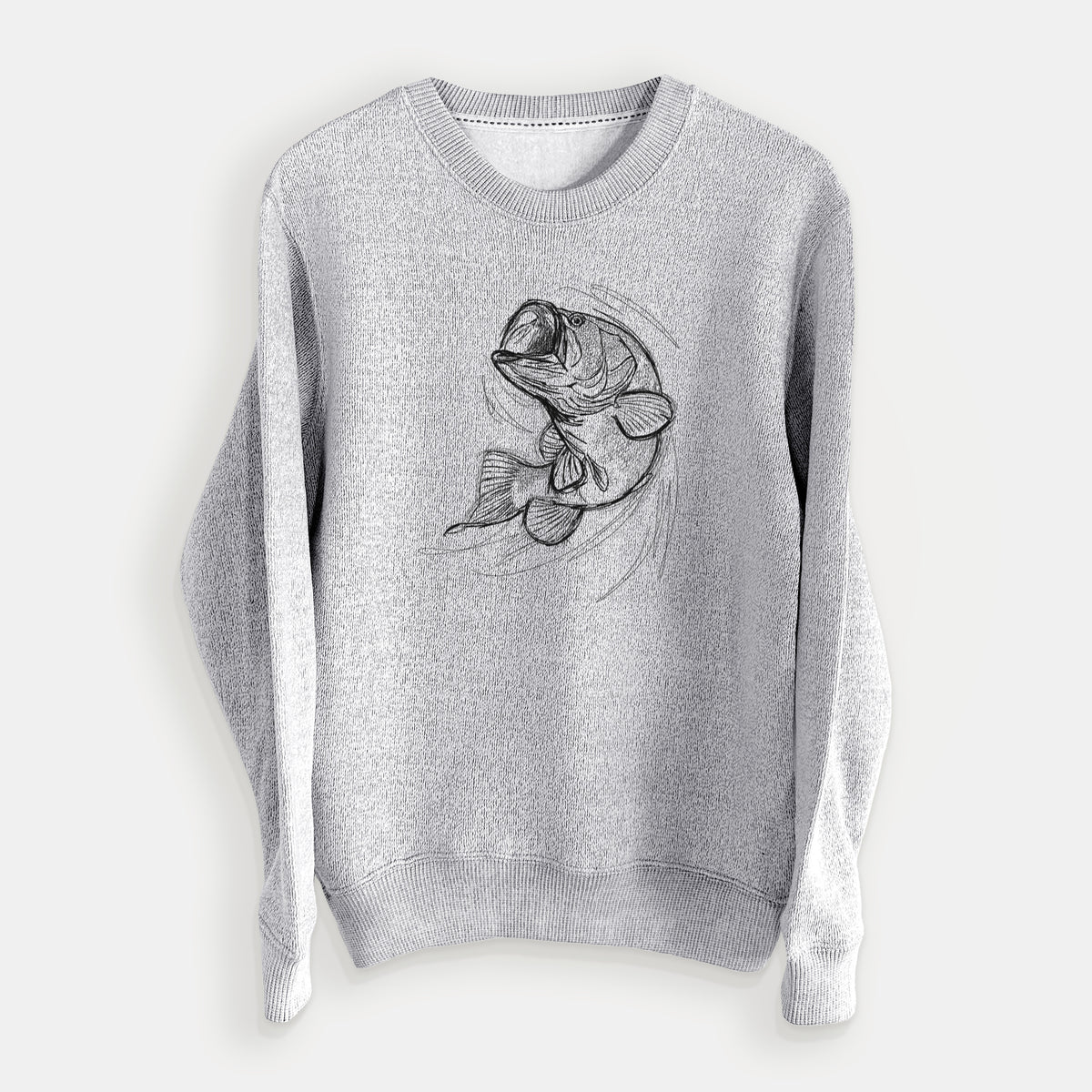 Salt and pepper knit sweatshirt laid flat, printed with a detailed black ink illustration of a largemouth bass leaping with its mouth open.
