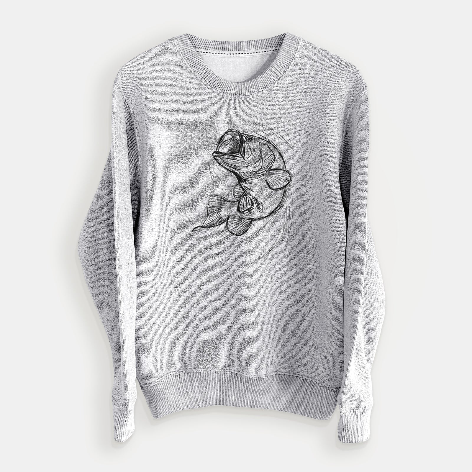 Salt and pepper knit sweatshirt laid flat, printed with a detailed black ink illustration of a largemouth bass leaping with its mouth open.