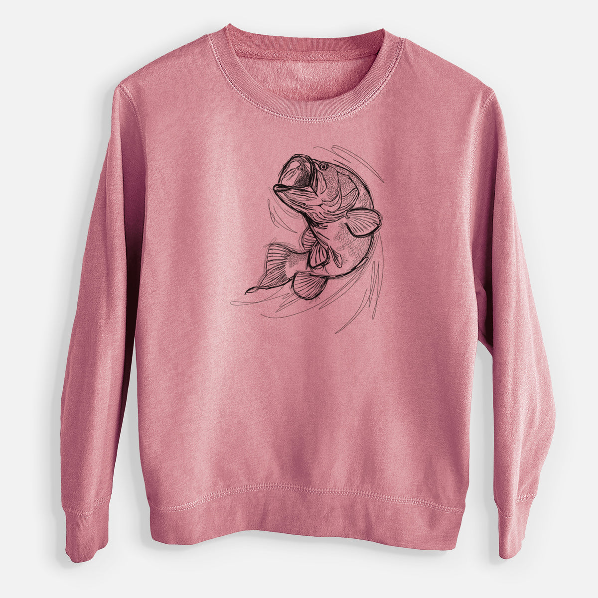 Mauve pink youth crewneck sweatshirt laid flat, printed with a detailed black ink illustration of a largemouth bass leaping with its mouth open.