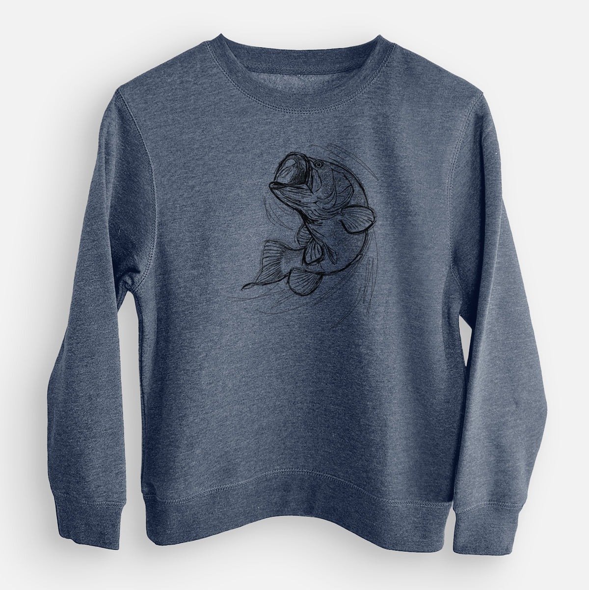 Storm blue youth crewneck sweatshirt laid flat, printed with a detailed black ink illustration of a largemouth bass leaping with its mouth open.
