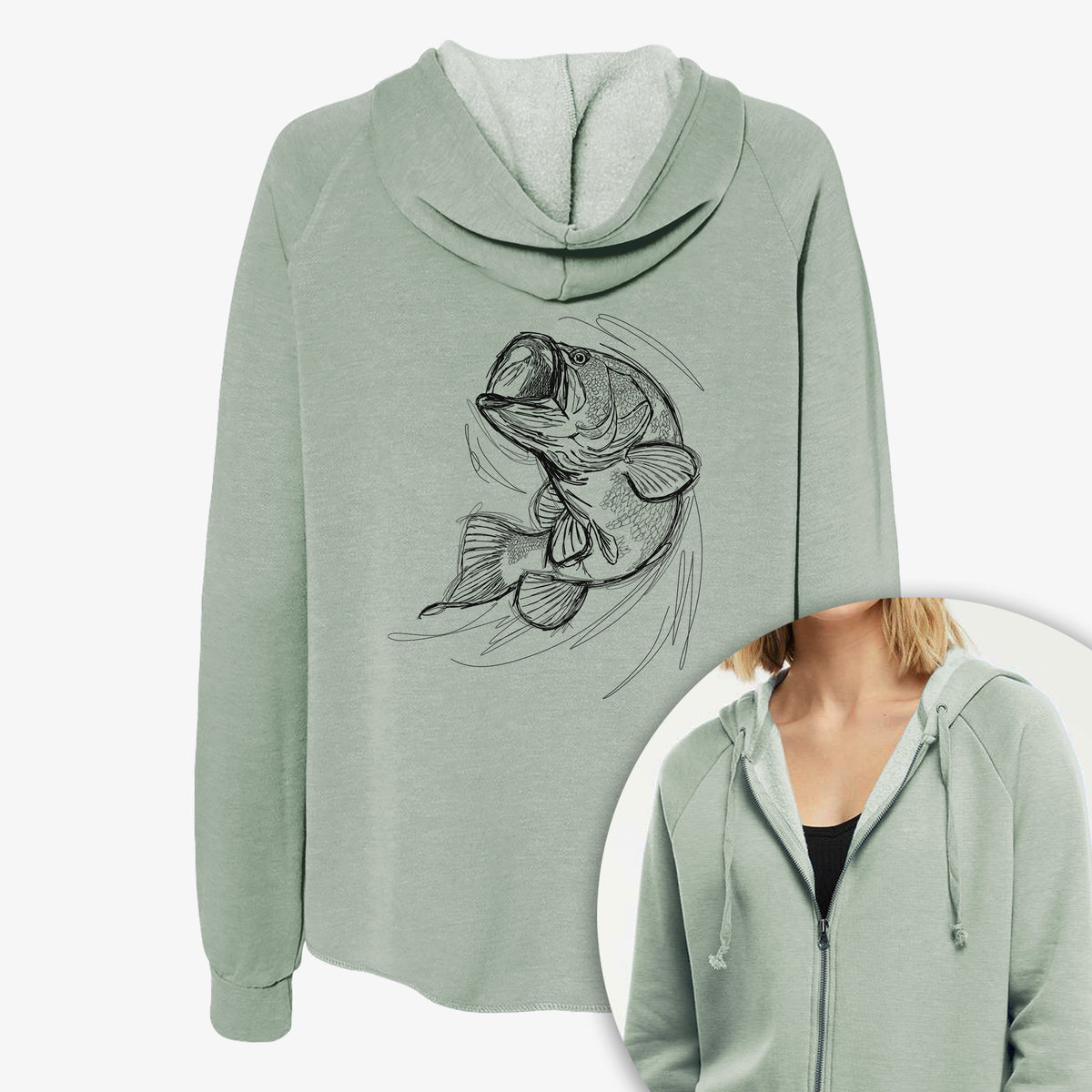 Women's Cali Wave zip-up sweatshirt printed with a detailed black ink illustration of a largemouth bass leaping with its mouth open, with a close-up of the zipper.