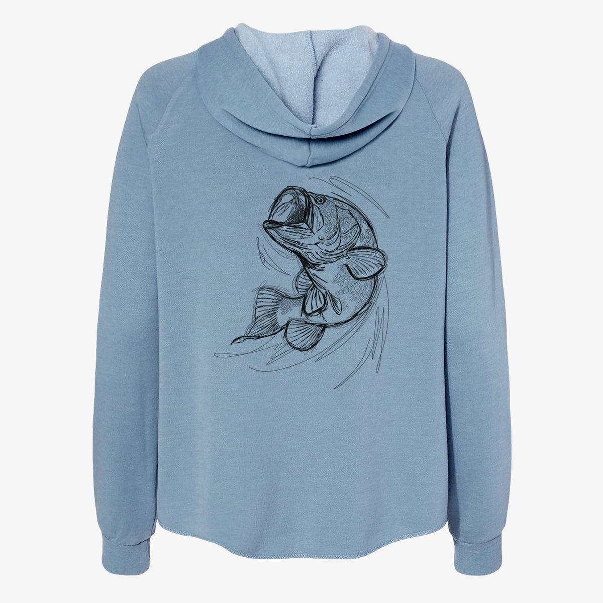 Misty blue women's Cali Wave zip-up sweatshirt laid flat, printed with a detailed black ink illustration of a largemouth bass leaping with its mouth open.