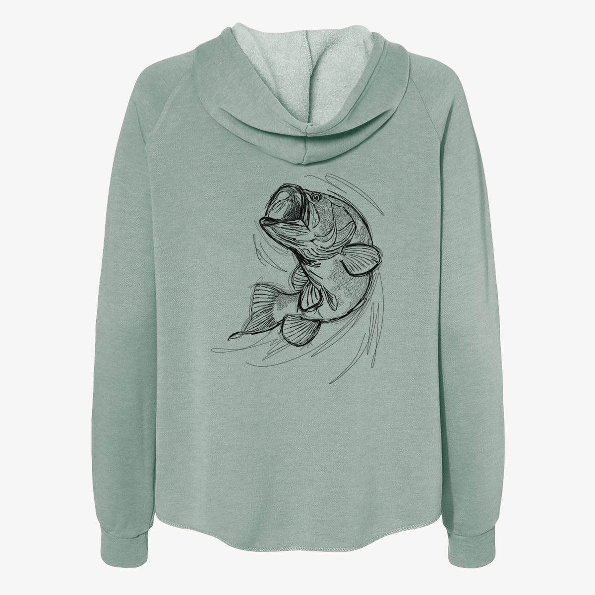 Sage green women's Cali Wave zip-up sweatshirt laid flat, printed with a detailed black ink illustration of a largemouth bass leaping with its mouth open.