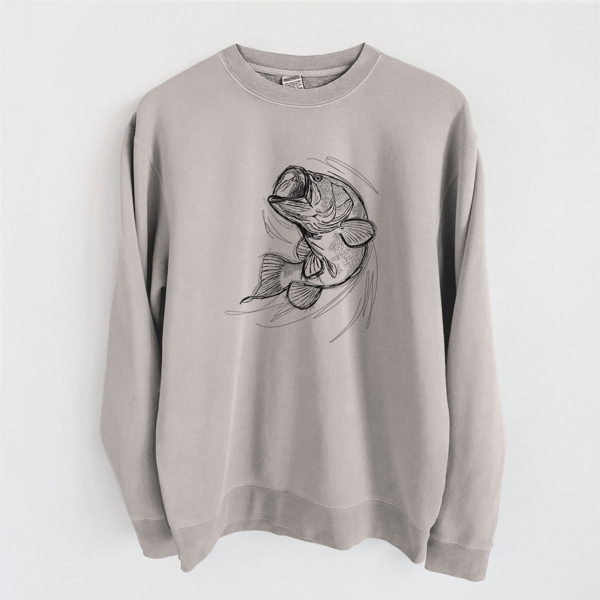 Cement grey pigment dyed crewneck sweatshirt laid flat, printed with a detailed black ink illustration of a largemouth bass leaping with its mouth open.